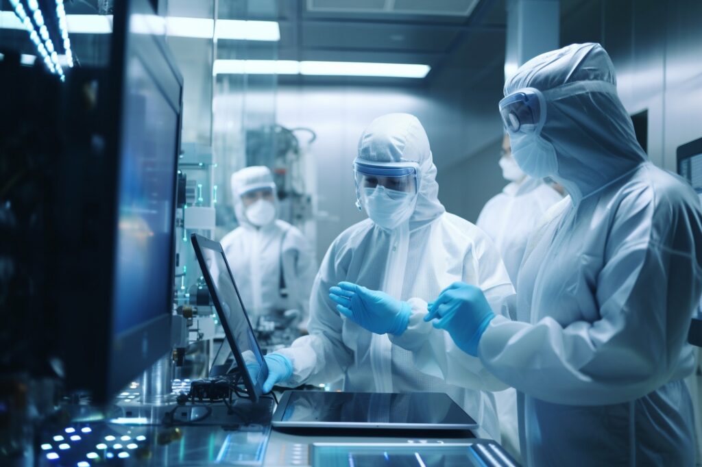 Research Factory Cleanroom: Engineer and Scientist Wearing Coveralls. AI generative