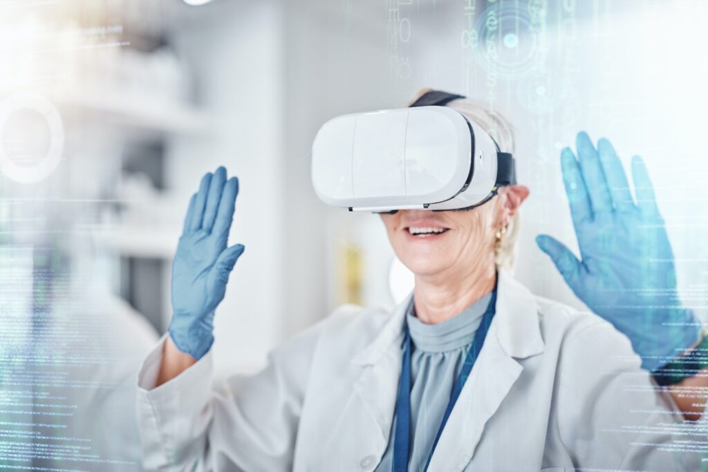 VR, healthcare and digital with a doctor scientist at work in a lab on research or innovation. Meta